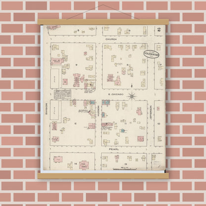 Old map wall art mockup — magnetic wood frame on brick wall — Sanborn Fire Insurance Map from Coldwater, Branch County, Michigan (1884), Sheet #0002
