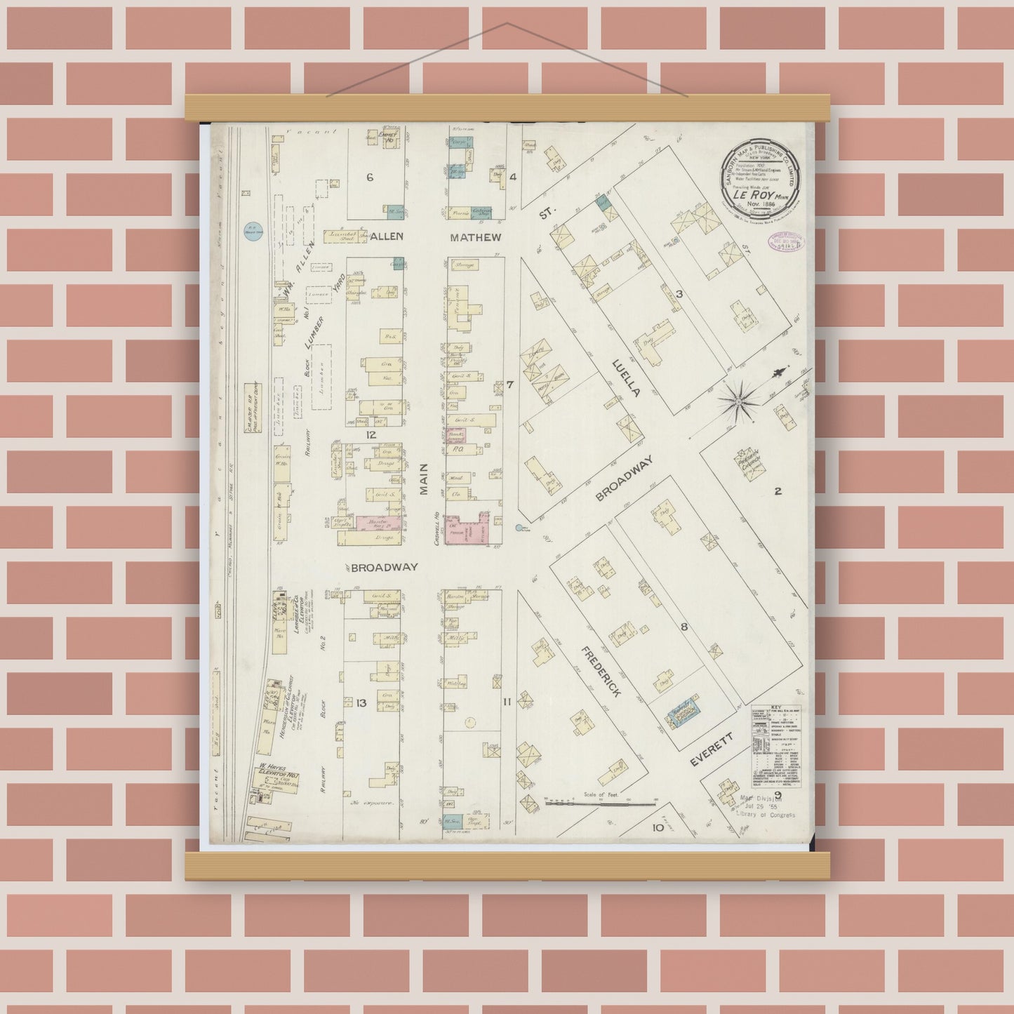 Old map wall art mockup — magnetic wood frame on brick wall — Sanborn Fire Insurance Map from Le Roy, Mower County, Minnesota (1886), Sheet #0001