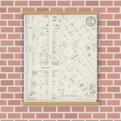 Old map wall art mockup — magnetic wood frame on brick wall — Sanborn Fire Insurance Map from Le Roy, Mower County, Minnesota (1886), Sheet #0001