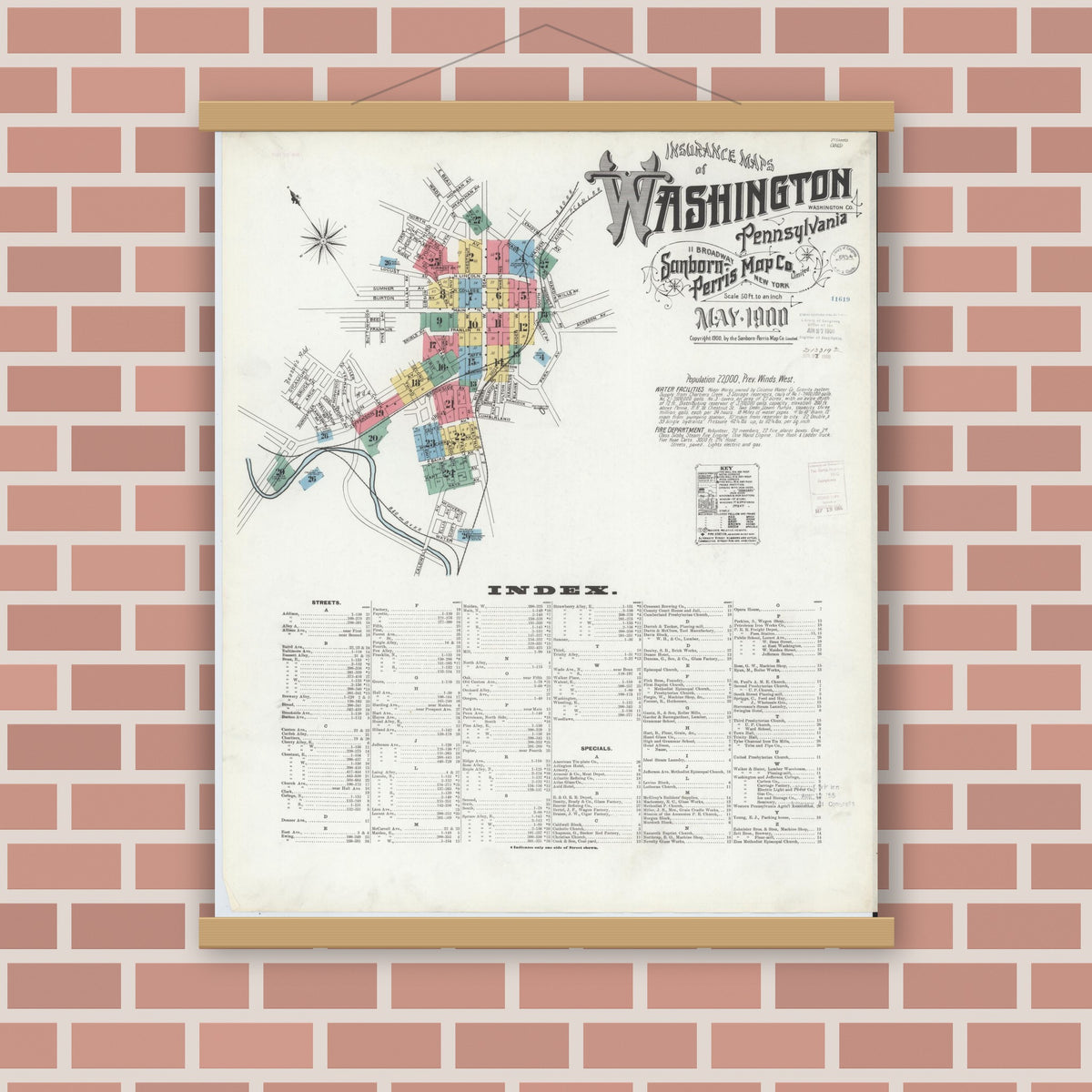 Old map wall art mockup — magnetic wood frame on brick wall — Sanborn Fire Insurance Map from Washington, Washington County, Pennsylvania (1900), Sheet #0001