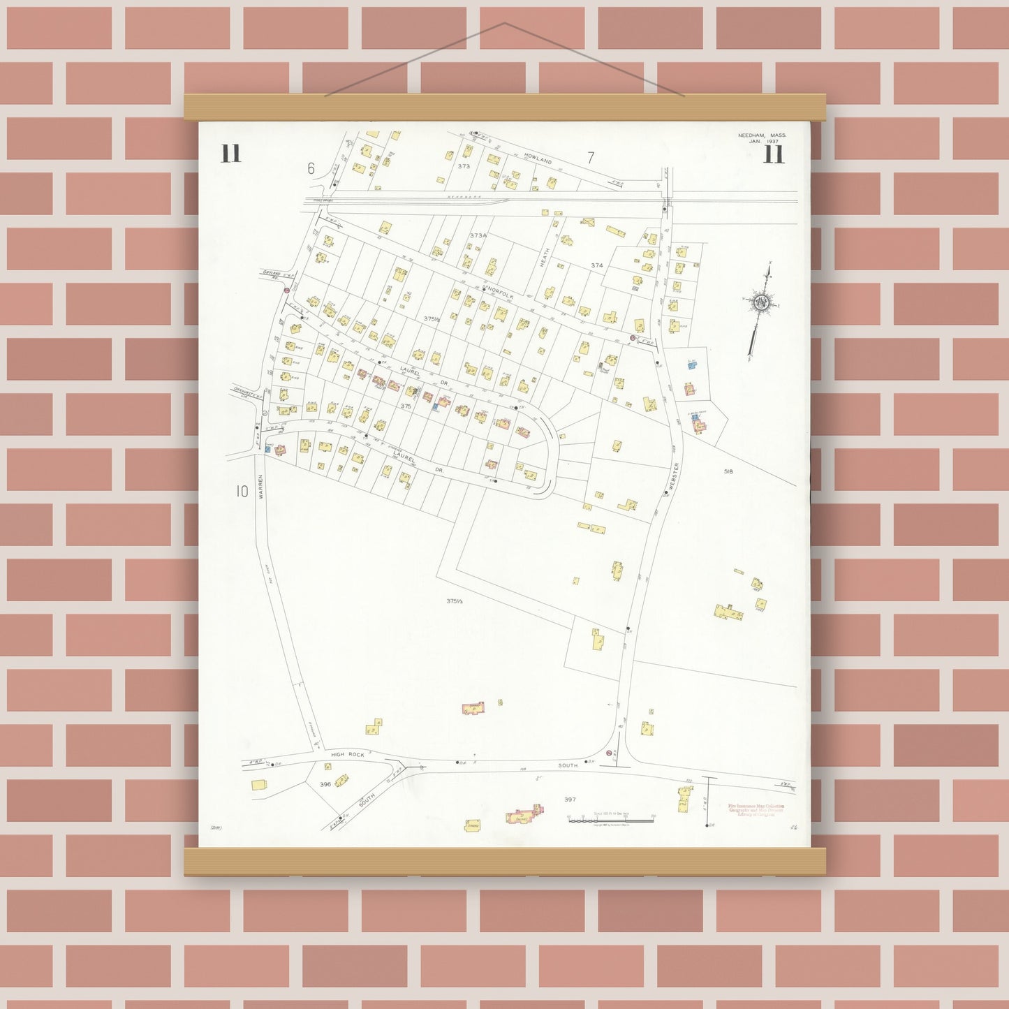 Old map wall art mockup — magnetic wood frame on brick wall — Sanborn Fire Insurance Map from Needham, Norfolk County, Massachusetts (1937), Sheet #0011