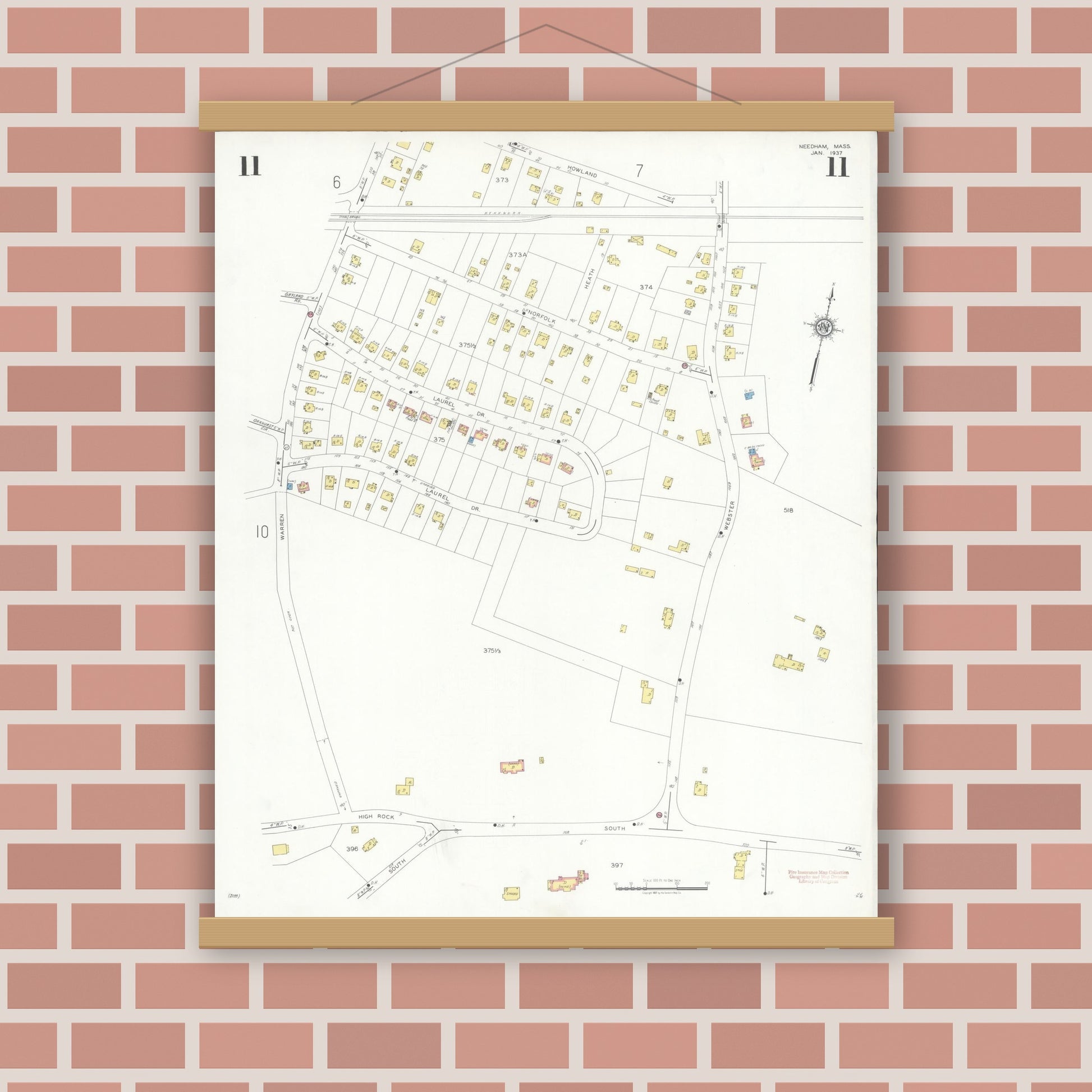 Old map wall art mockup — magnetic wood frame on brick wall — Sanborn Fire Insurance Map from Needham, Norfolk County, Massachusetts (1937), Sheet #0011