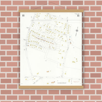 Old map wall art mockup — magnetic wood frame on brick wall — Sanborn Fire Insurance Map from Needham, Norfolk County, Massachusetts (1937), Sheet #0011