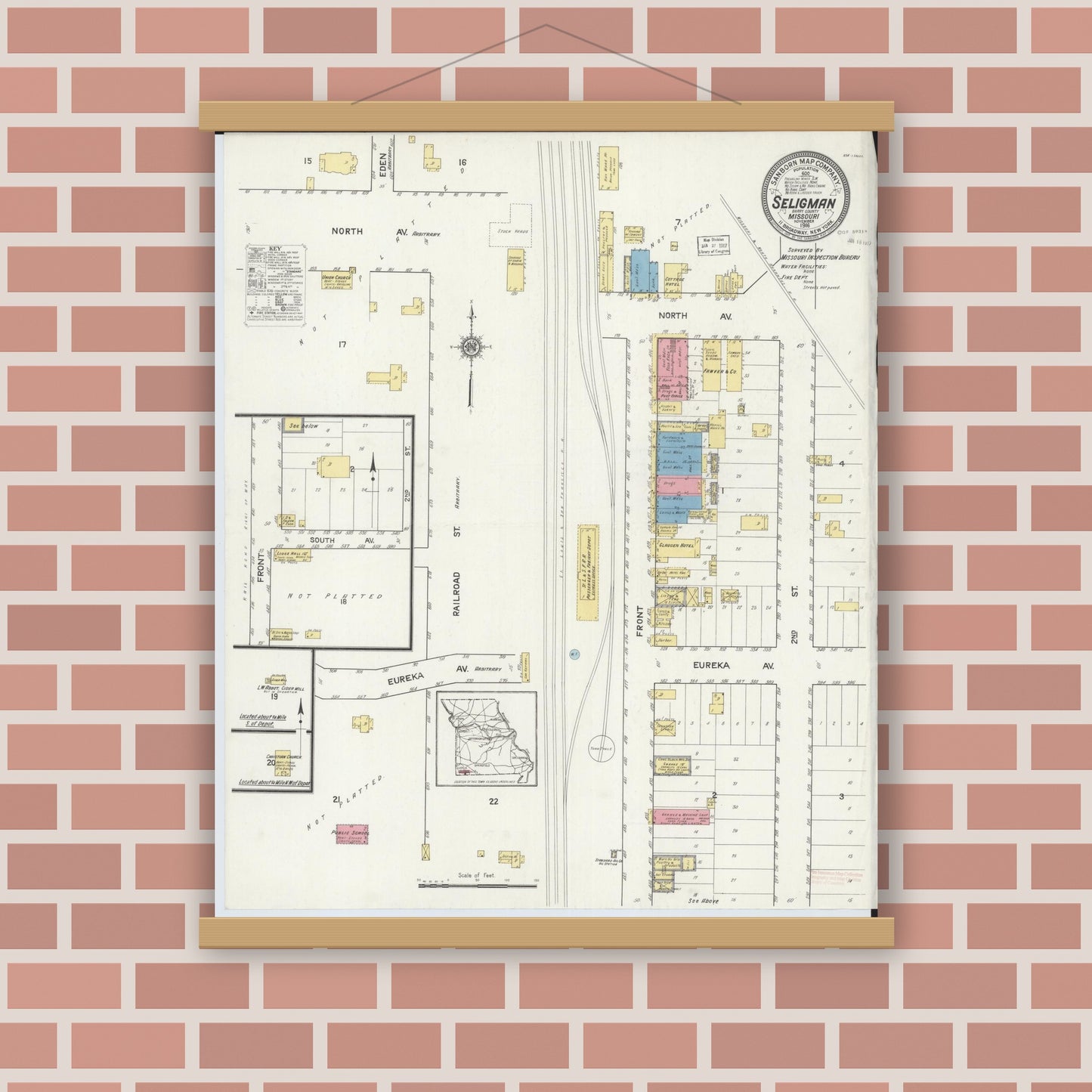 Old map wall art mockup — magnetic wood frame on brick wall — Sanborn Fire Insurance Map from Seligman, Barry County, Missouri (1916), Sheet #0001
