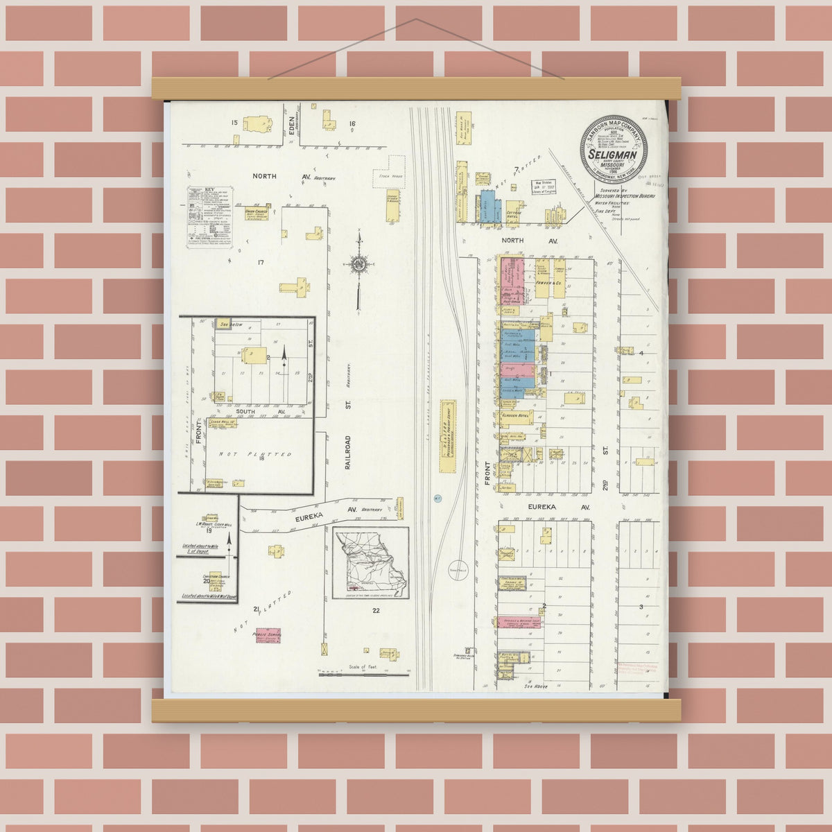 Old map wall art mockup — magnetic wood frame on brick wall — Sanborn Fire Insurance Map from Seligman, Barry County, Missouri (1916), Sheet #0001
