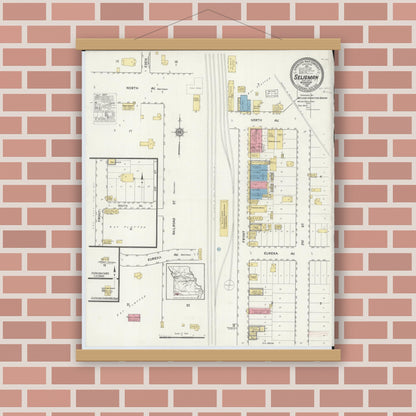 Old map wall art mockup — magnetic wood frame on brick wall — Sanborn Fire Insurance Map from Seligman, Barry County, Missouri (1916), Sheet #0001