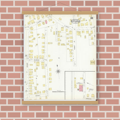 Old map wall art mockup — magnetic wood frame on brick wall — Sanborn Fire Insurance Map from North Adams, Berkshire County, Massachusetts (1908), Sheet #0031