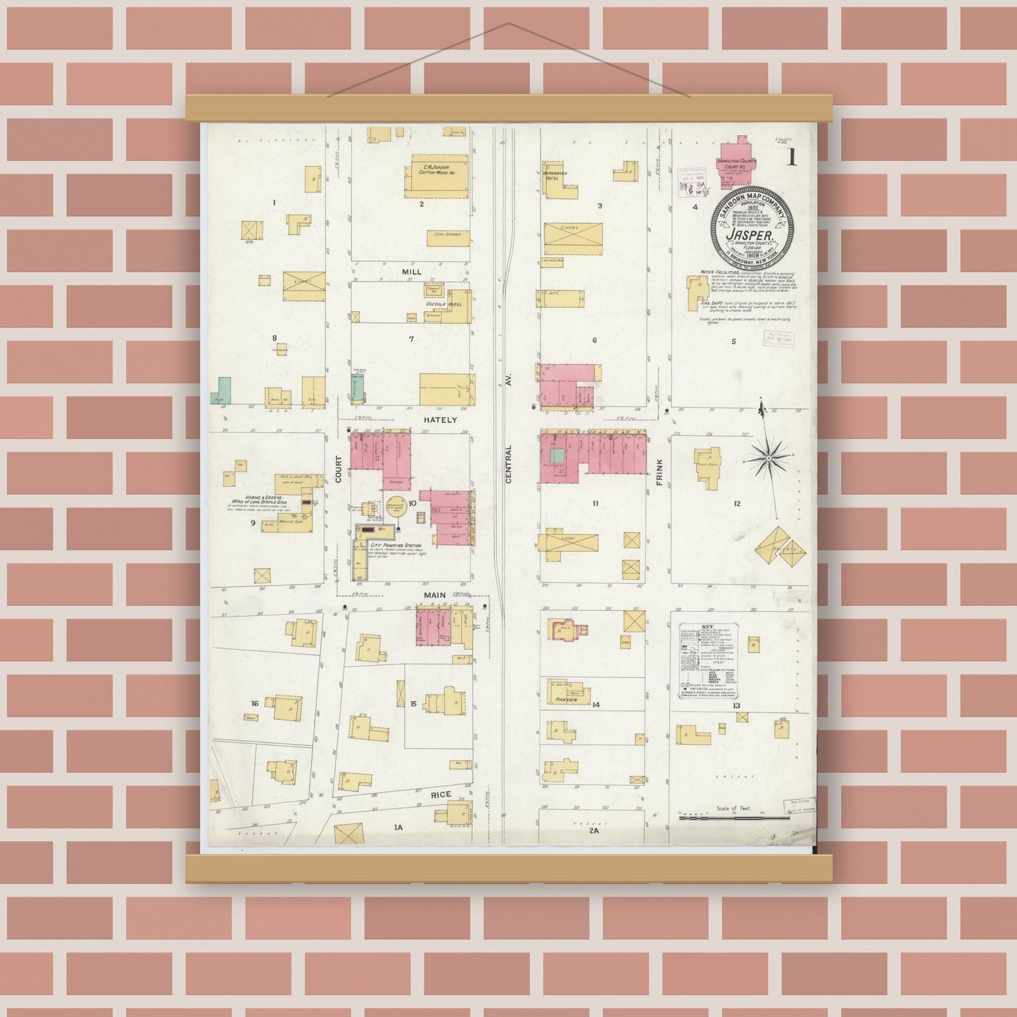 Old map wall art mockup — magnetic wood frame on brick wall — Sanborn Fire Insurance Map from Jasper, Hamilton County, Florida (1909) - Complete Map Set