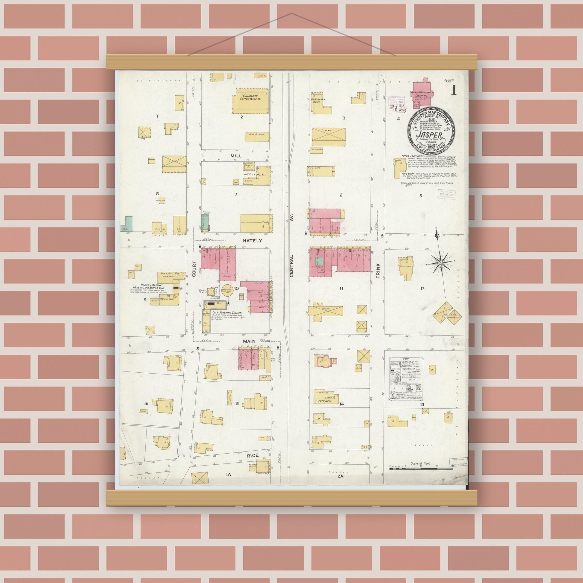 Old map wall art mockup — magnetic wood frame on brick wall — Sanborn Fire Insurance Map from Jasper, Hamilton County, Florida (1909) - Complete Map Set