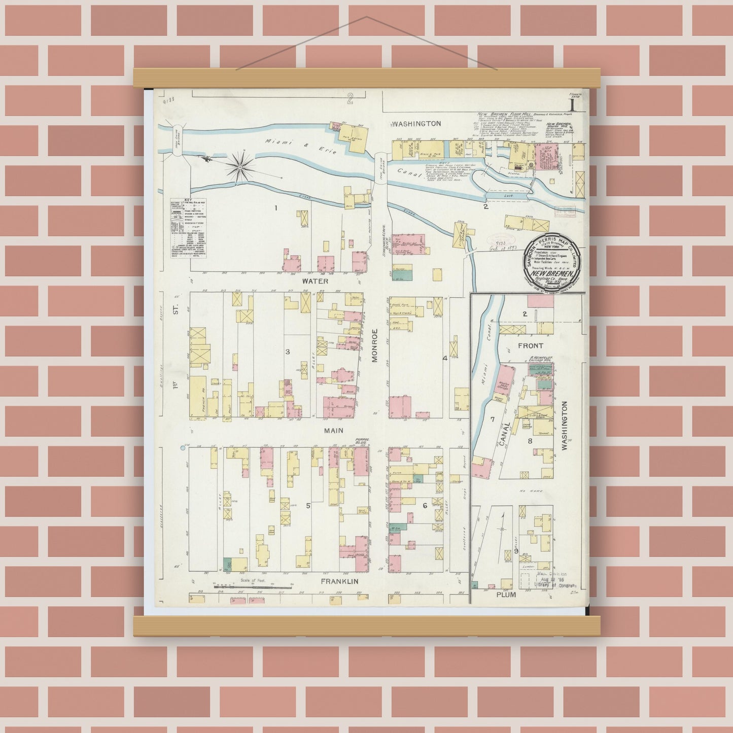 Old map wall art mockup — magnetic wood frame on brick wall — Sanborn Fire Insurance Map from New Bremen, Auglaize County, Ohio (1892) - Complete Map Set