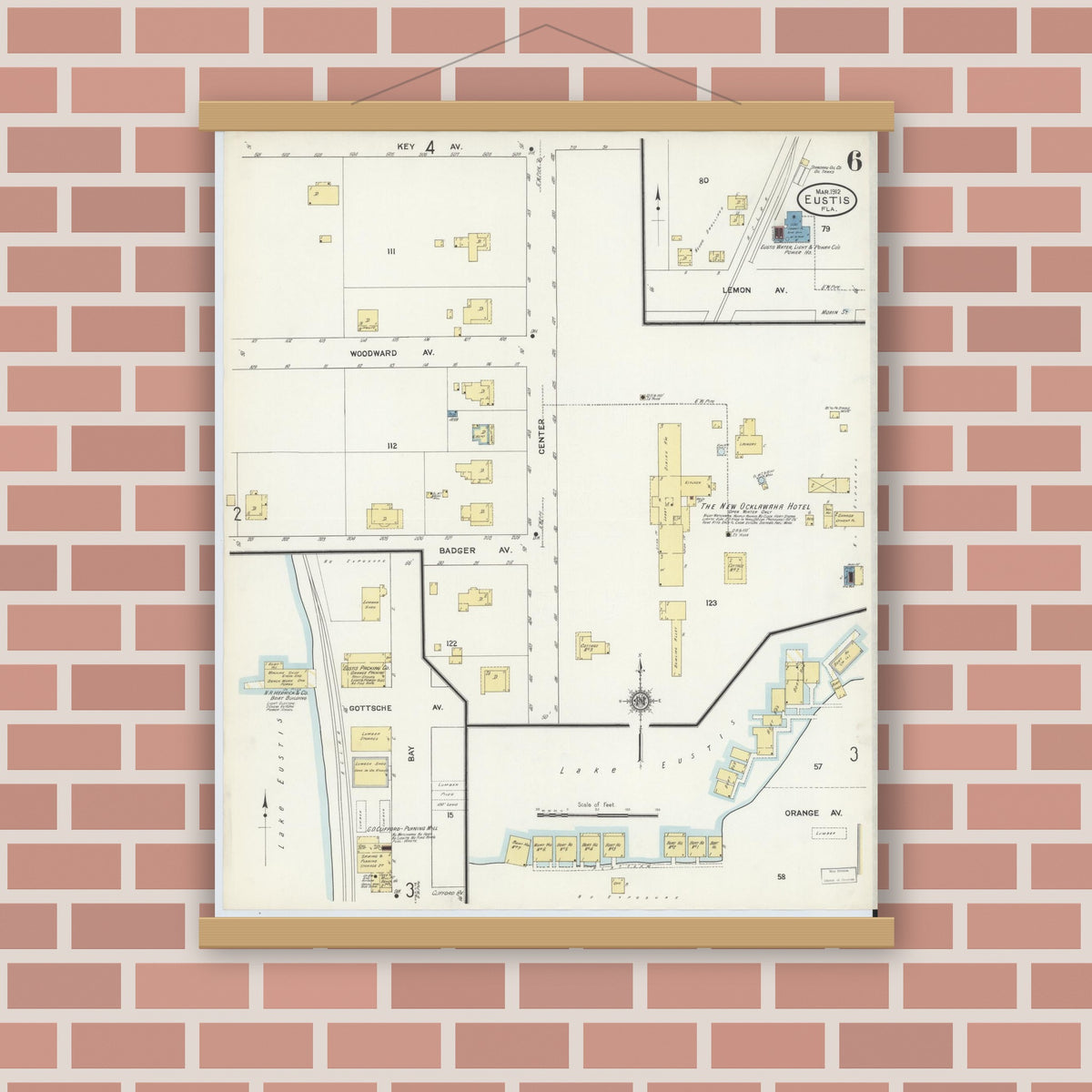 Old map wall art mockup — magnetic wood frame on brick wall — Sanborn Fire Insurance Map from Eustis, Lake County, Florida (1912), Sheet #0006