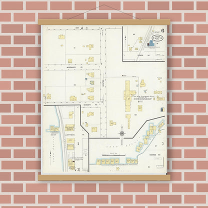 Old map wall art mockup — magnetic wood frame on brick wall — Sanborn Fire Insurance Map from Eustis, Lake County, Florida (1912), Sheet #0006