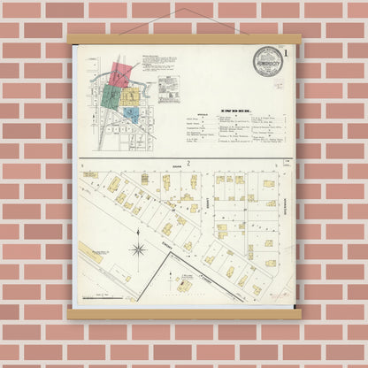 Old map wall art mockup — magnetic wood frame on brick wall — Sanborn Fire Insurance Map from Howard City, Montcalm County, Michigan (1908) - Complete Map Set