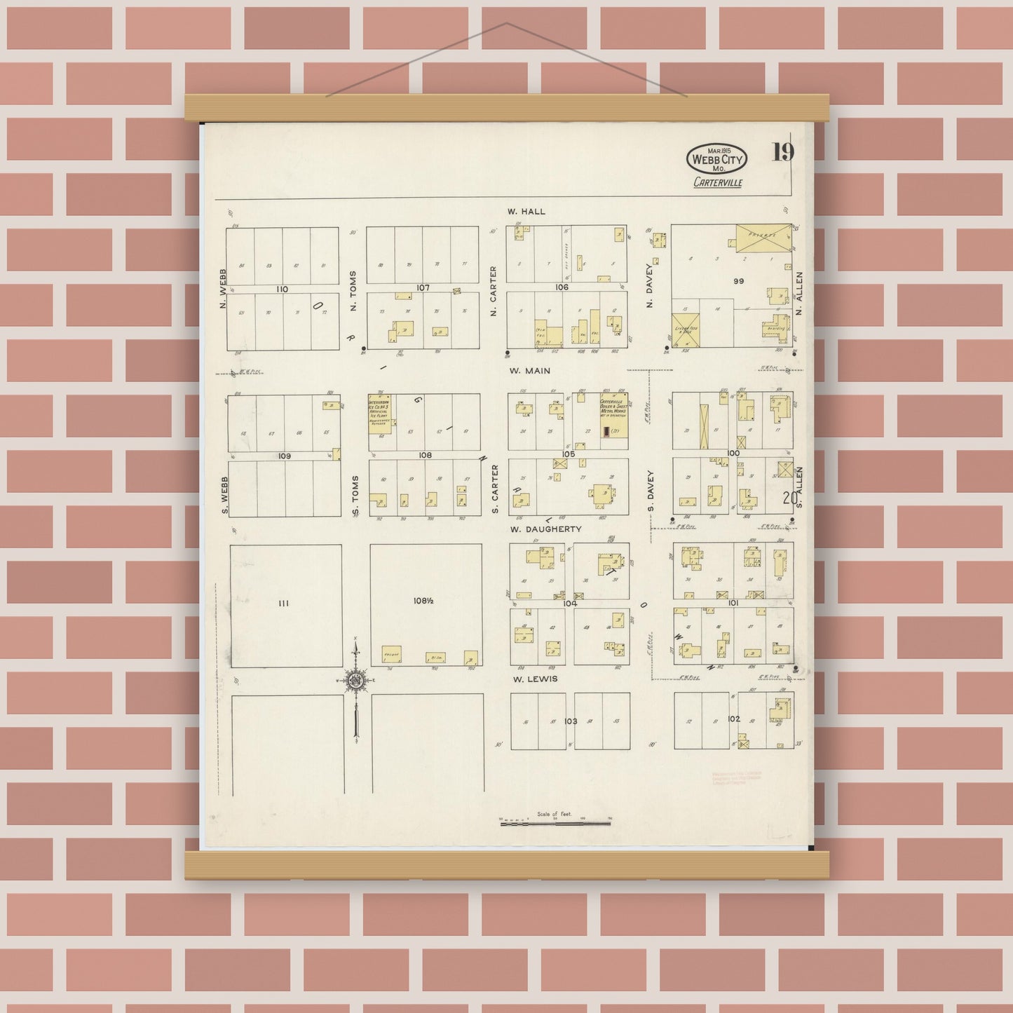 Old map wall art mockup — magnetic wood frame on brick wall — Sanborn Fire Insurance Map from Webb City, Jasper County, Missouri (1915), Sheet #0019