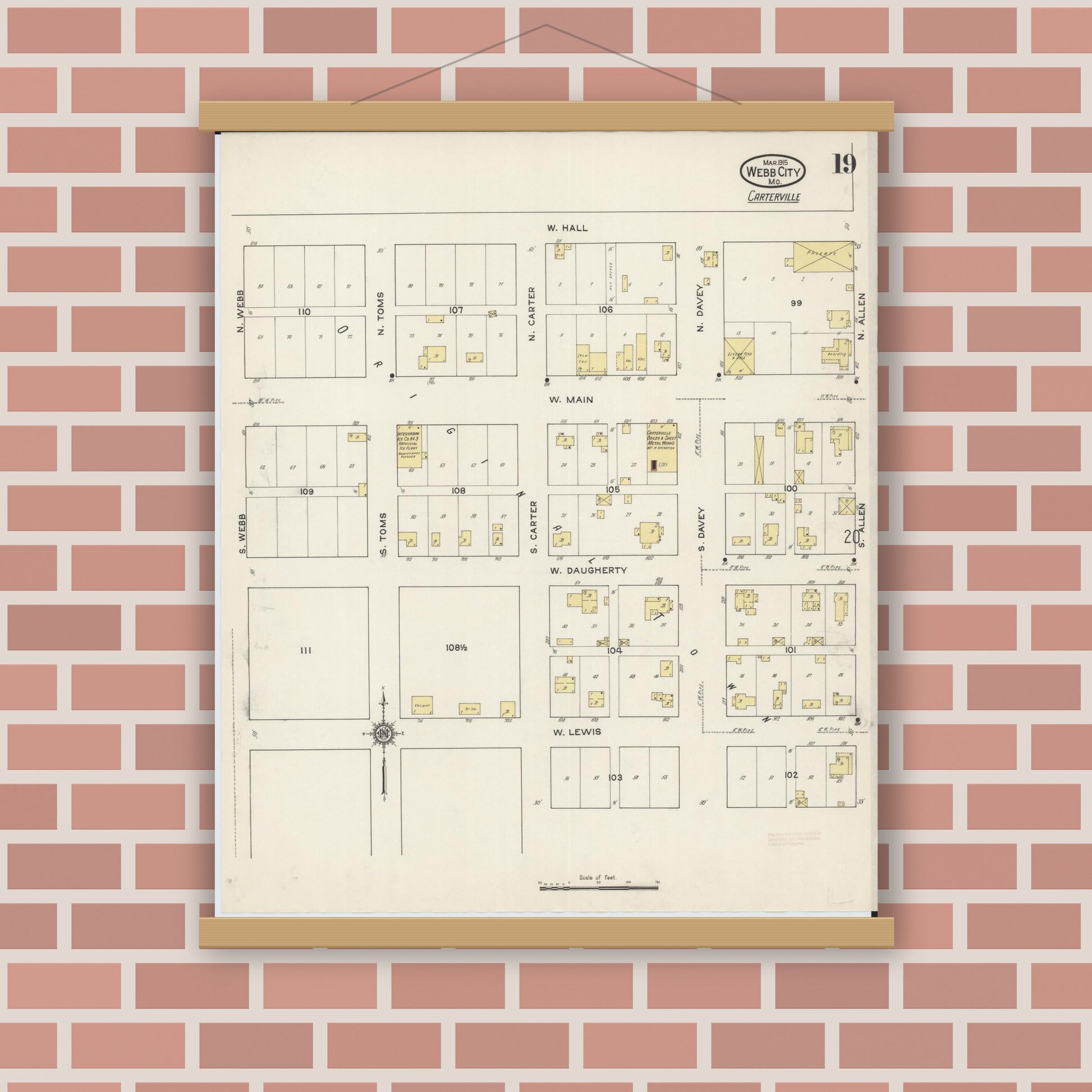 Old map wall art mockup — magnetic wood frame on brick wall — Sanborn Fire Insurance Map from Webb City, Jasper County, Missouri (1915), Sheet #0019