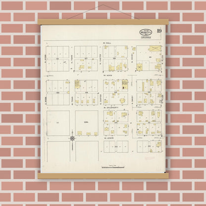 Old map wall art mockup — magnetic wood frame on brick wall — Sanborn Fire Insurance Map from Webb City, Jasper County, Missouri (1915), Sheet #0019