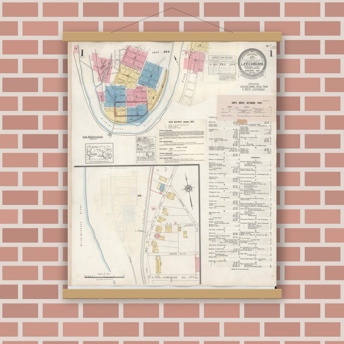 Old map wall art mockup — magnetic wood frame on brick wall — Sanborn Fire Insurance Map from Leechburg, Armstrong County, Pennsylvania (1943) - Complete Map Set