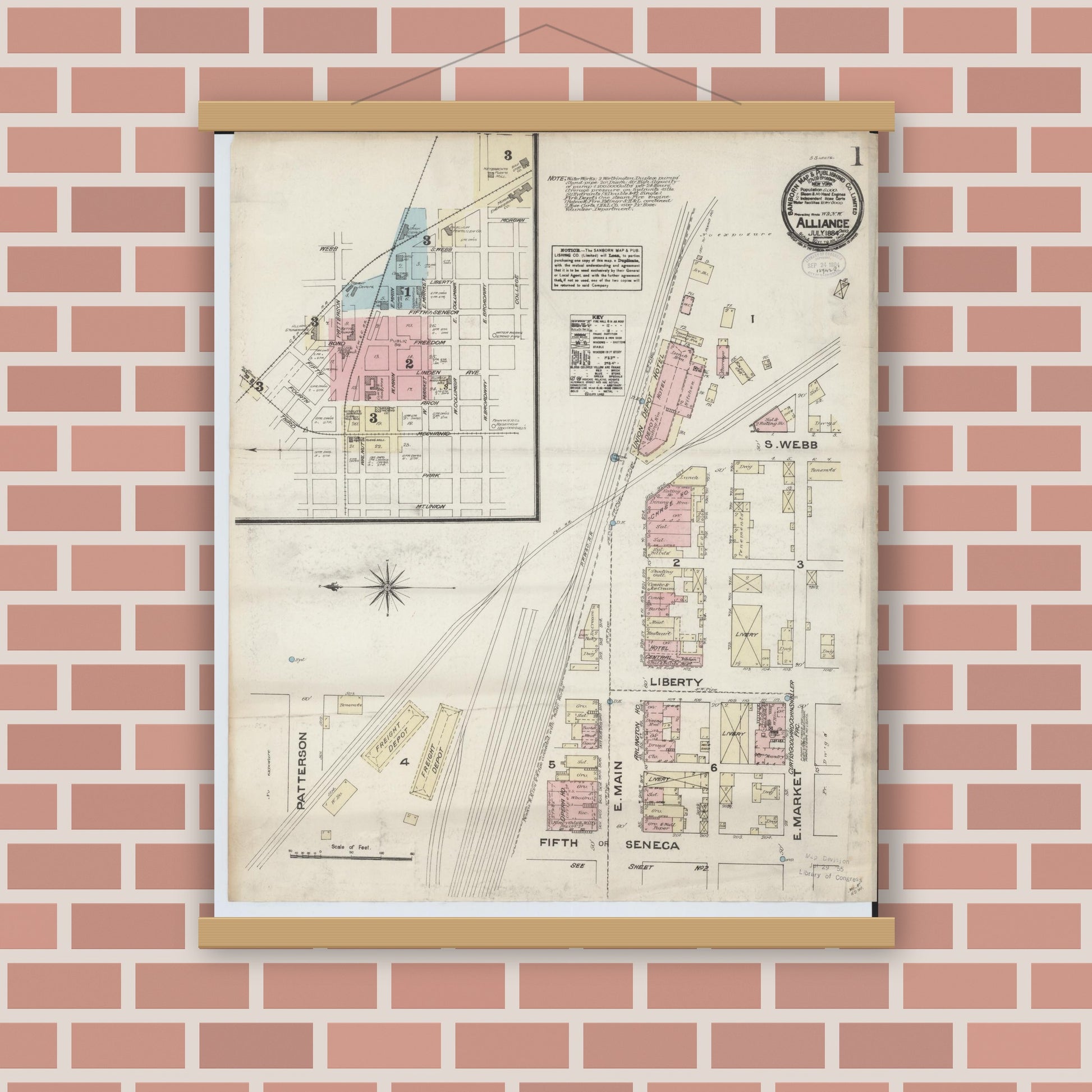 Old map wall art mockup — magnetic wood frame on brick wall — Sanborn Fire Insurance Map from Alliance, Stark County, Ohio (1884) - Complete Map Set