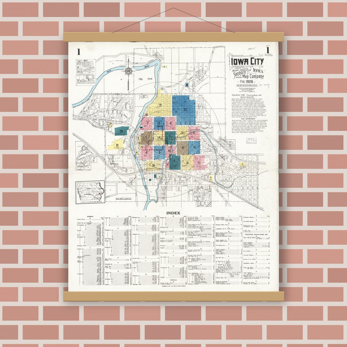 Old map wall art mockup — magnetic wood frame on brick wall — Sanborn Fire Insurance Map from Iowa City, Johnson County, Iowa (1926) â€” Complete Set