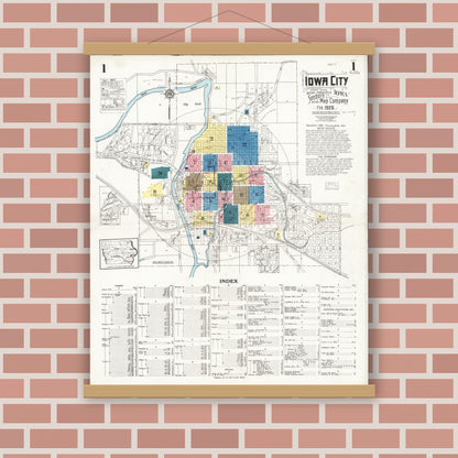 Old map wall art mockup — magnetic wood frame on brick wall — Sanborn Fire Insurance Map from Iowa City, Johnson County, Iowa (1926) â€” Complete Set