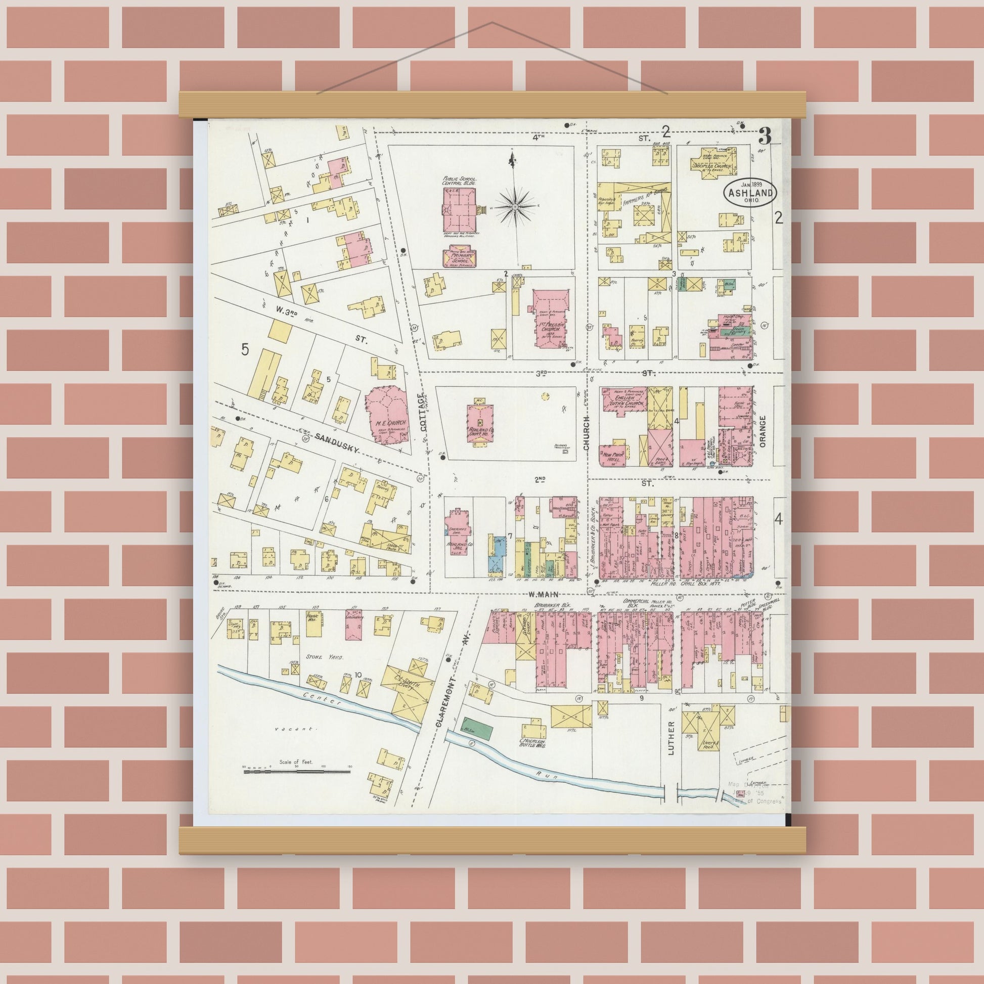Old map wall art mockup — magnetic wood frame on brick wall — Sanborn Fire Insurance Map from Ashland, Ashland County, Ohio (1899), Sheet #0003