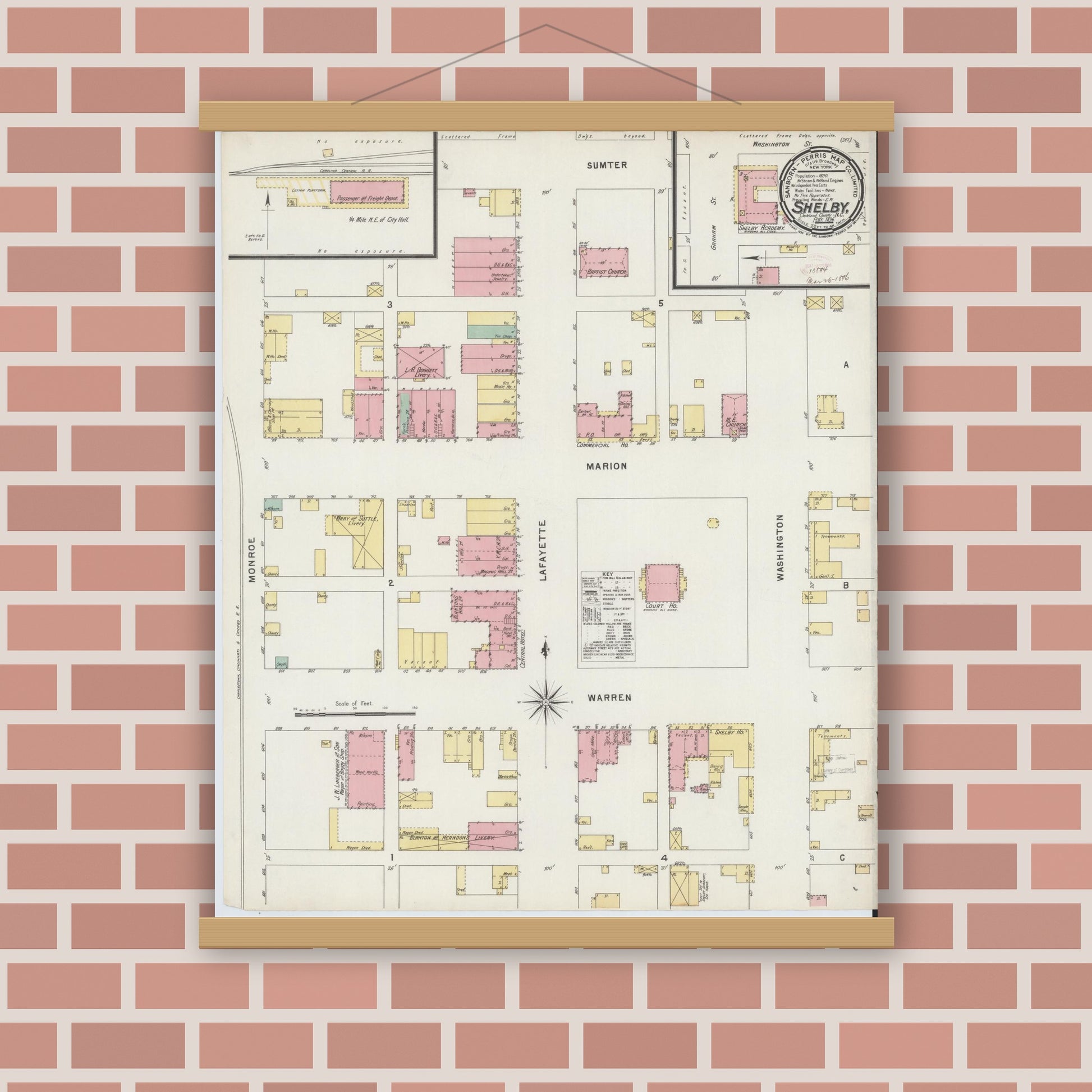 Old map wall art mockup — magnetic wood frame on brick wall — Sanborn Fire Insurance Map from Shelby, Cleveland County, North Carolina (1896), Sheet #0001