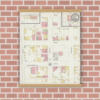 Old map wall art mockup — magnetic wood frame on brick wall — Sanborn Fire Insurance Map from Shelby, Cleveland County, North Carolina (1896), Sheet #0001