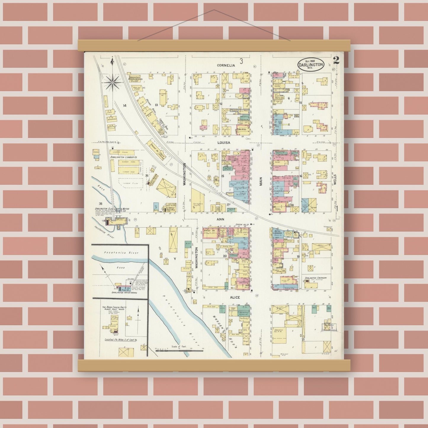 Old map wall art mockup — magnetic wood frame on brick wall — Sanborn Fire Insurance Map from Darlington, Lafayette County, Wisconsin (1908), Sheet #0002