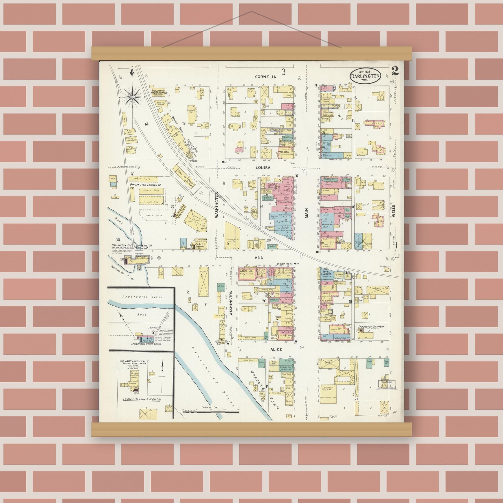 Old map wall art mockup — magnetic wood frame on brick wall — Sanborn Fire Insurance Map from Darlington, Lafayette County, Wisconsin (1908), Sheet #0002