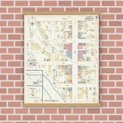 Old map wall art mockup — magnetic wood frame on brick wall — Sanborn Fire Insurance Map from Darlington, Lafayette County, Wisconsin (1908), Sheet #0002