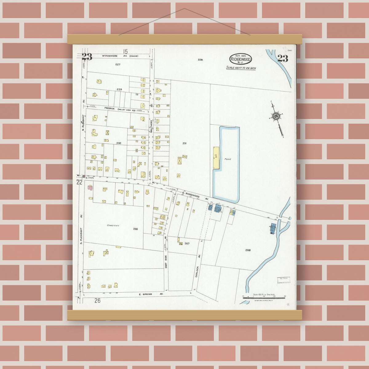 Old map wall art mockup — magnetic wood frame on brick wall — Sanborn Fire Insurance Map from Ridgewood, Bergen County, New Jersey (1924), Sheet #0023