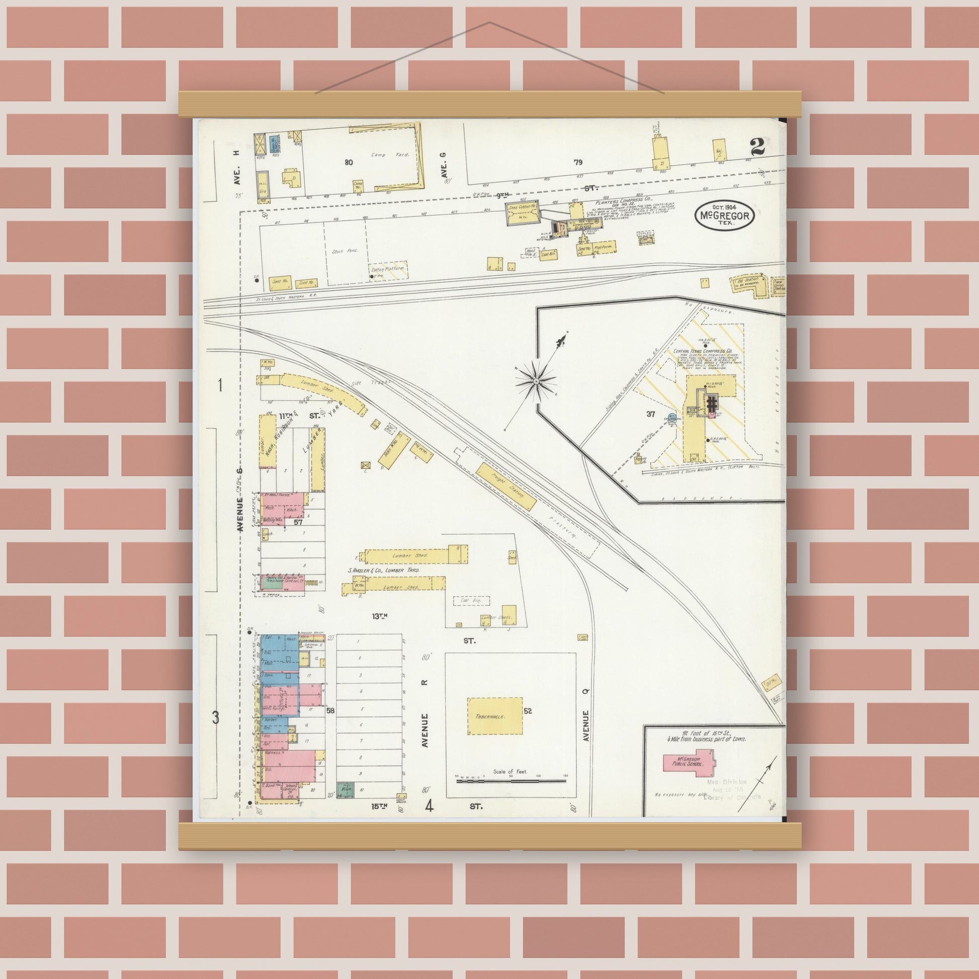 Old map wall art mockup — magnetic wood frame on brick wall — Sanborn Fire Insurance Map from McGregor, McLennan County, Texas (1904), Sheet #0002