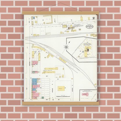 Old map wall art mockup — magnetic wood frame on brick wall — Sanborn Fire Insurance Map from McGregor, McLennan County, Texas (1904), Sheet #0002