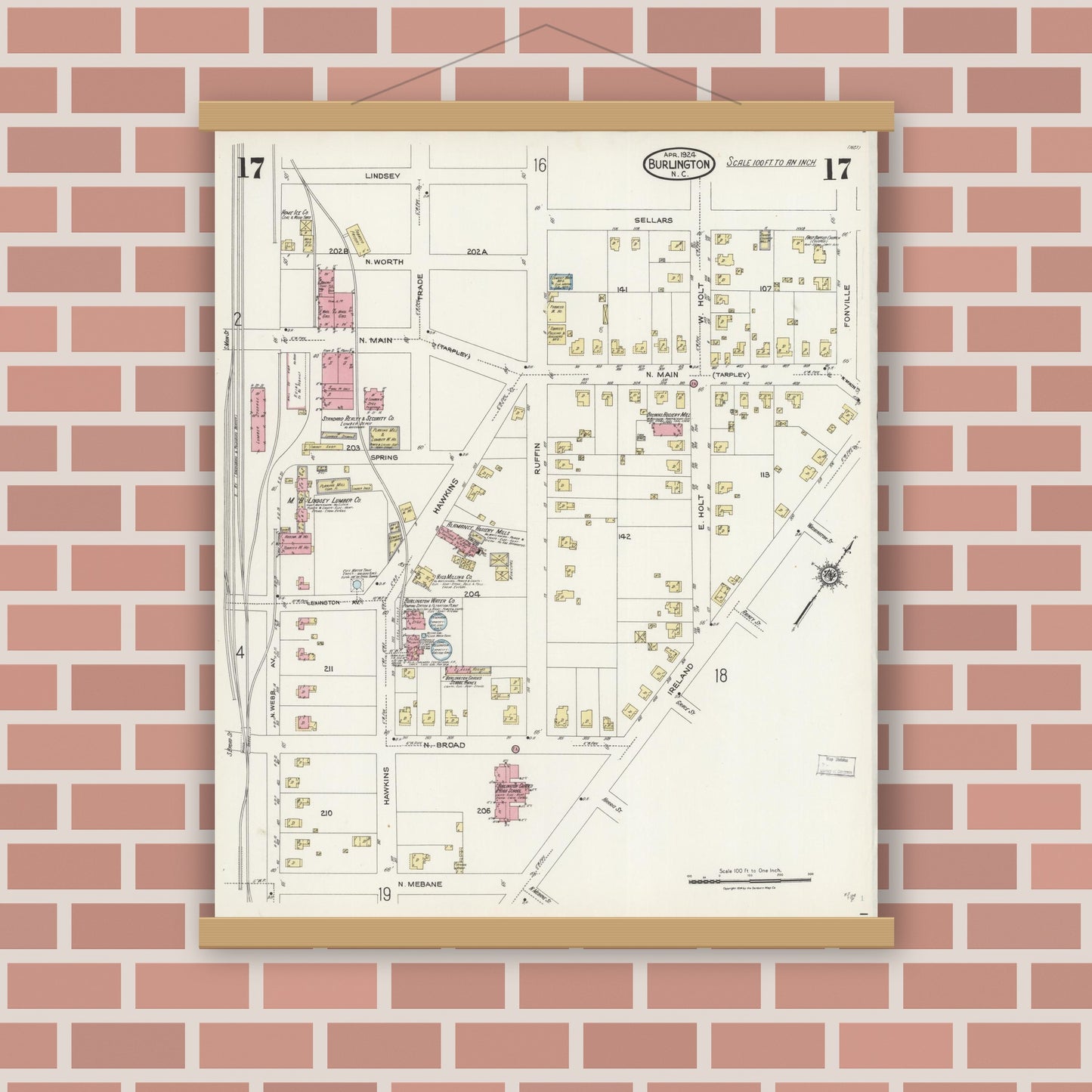 Old map wall art mockup — magnetic wood frame on brick wall — Sanborn Fire Insurance Map from Burlington, Alamance County, North Carolina (1924), Sheet #0017