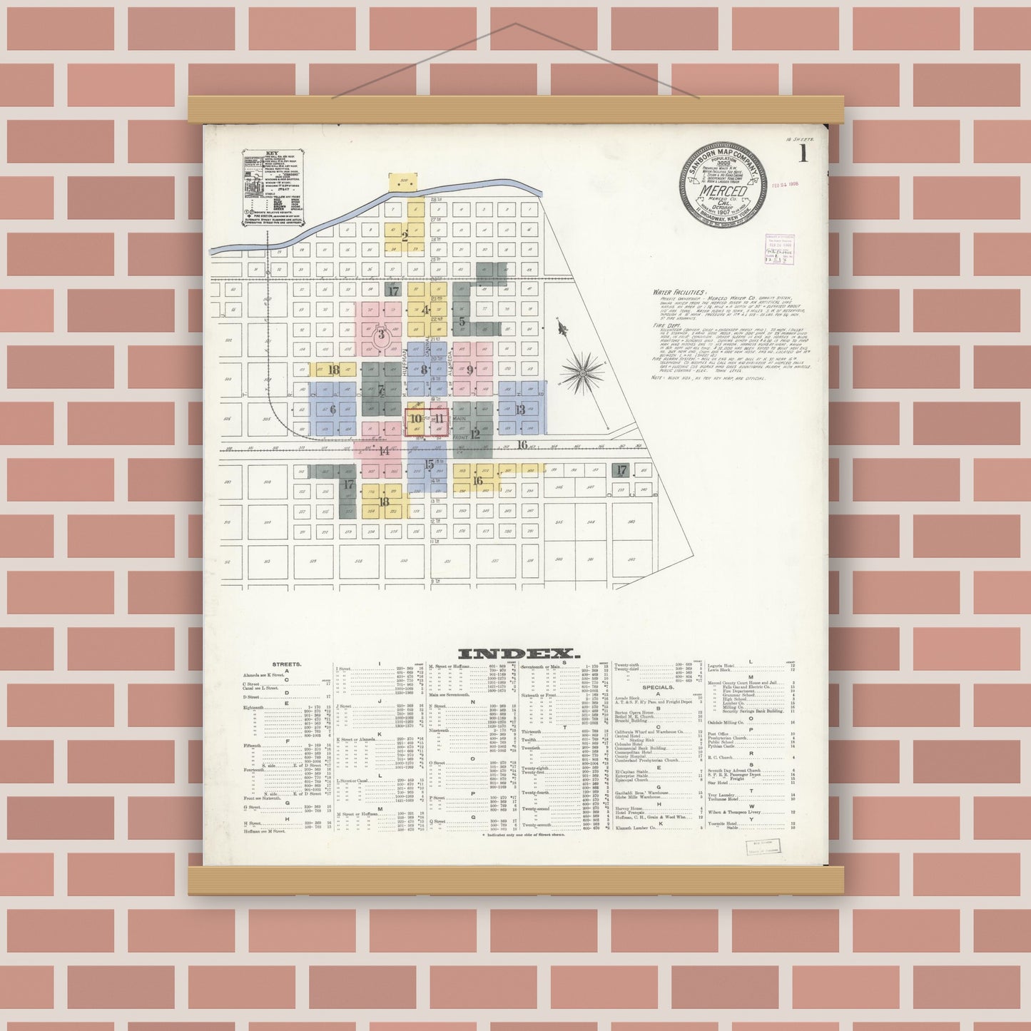Old map wall art mockup — magnetic wood frame on brick wall — Sanborn Fire Insurance Map from Merced, Merced County, California (1907) - Complete Map Set