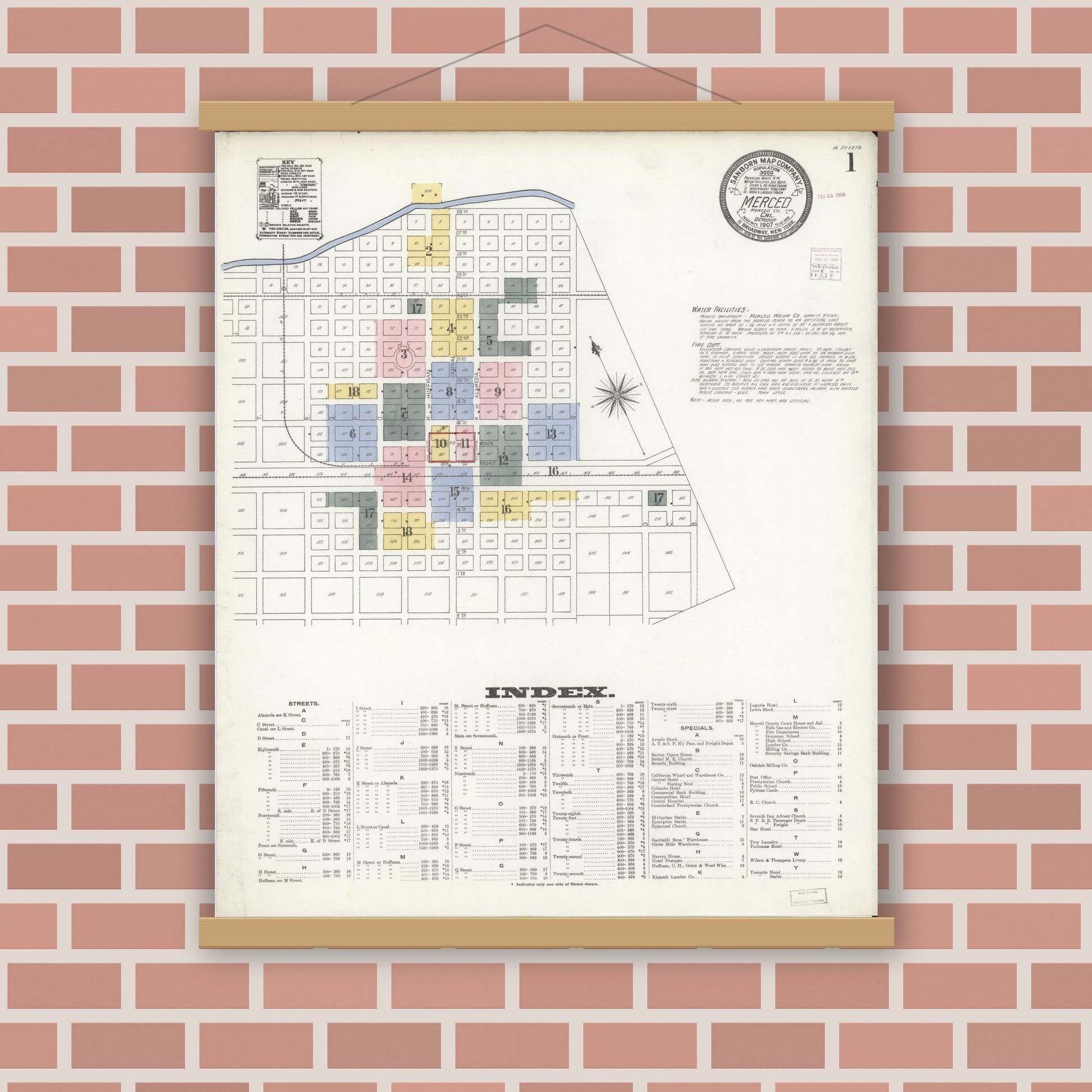 Old map wall art mockup — magnetic wood frame on brick wall — Sanborn Fire Insurance Map from Merced, Merced County, California (1907) - Complete Map Set