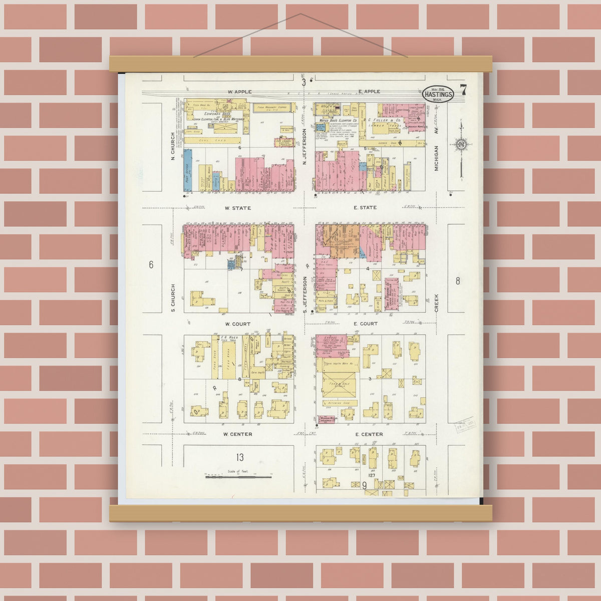Old map wall art mockup — magnetic wood frame on brick wall — Sanborn Fire Insurance Map from Hastings, Barry County, Michigan (1916), Sheet #0007