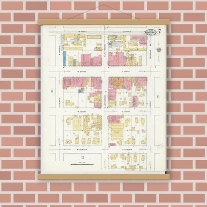 Old map wall art mockup — magnetic wood frame on brick wall — Sanborn Fire Insurance Map from Hastings, Barry County, Michigan (1916), Sheet #0007