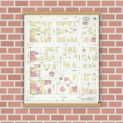 Old map wall art mockup — magnetic wood frame on brick wall — Sanborn Fire Insurance Map from Cadillac, Wexford County, Michigan (1914), Sheet #0011