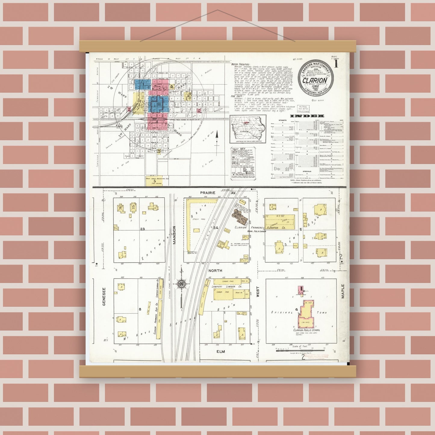 Old map wall art mockup — magnetic wood frame on brick wall — Sanborn Fire Insurance Map from Clarion, Wright County, Iowa (1921) â€” Complete Set