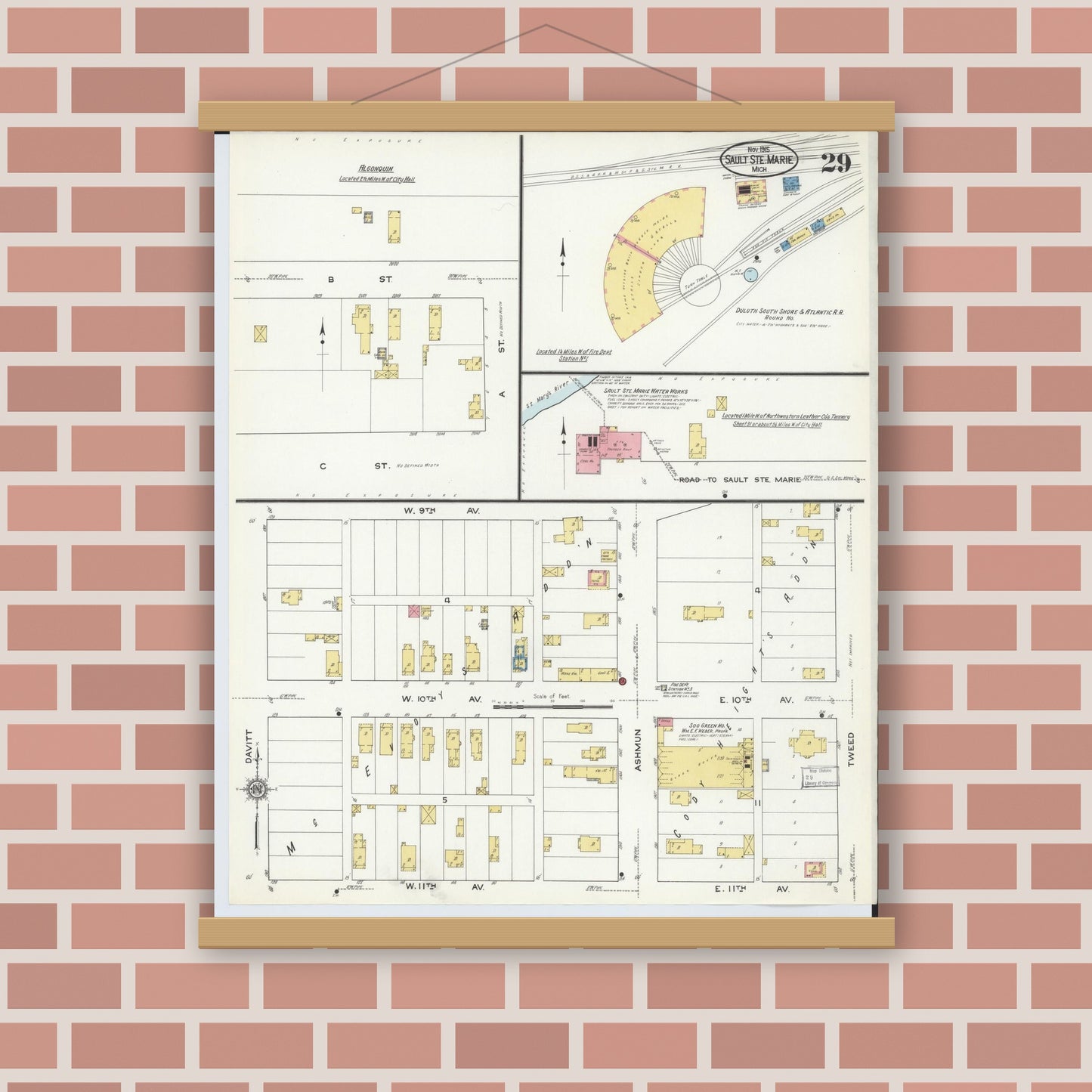 Old map wall art mockup — magnetic wood frame on brick wall — Sanborn Fire Insurance Map from Sault Sainte Marie, Chippewa County, Michigan (1915), Sheet #0029