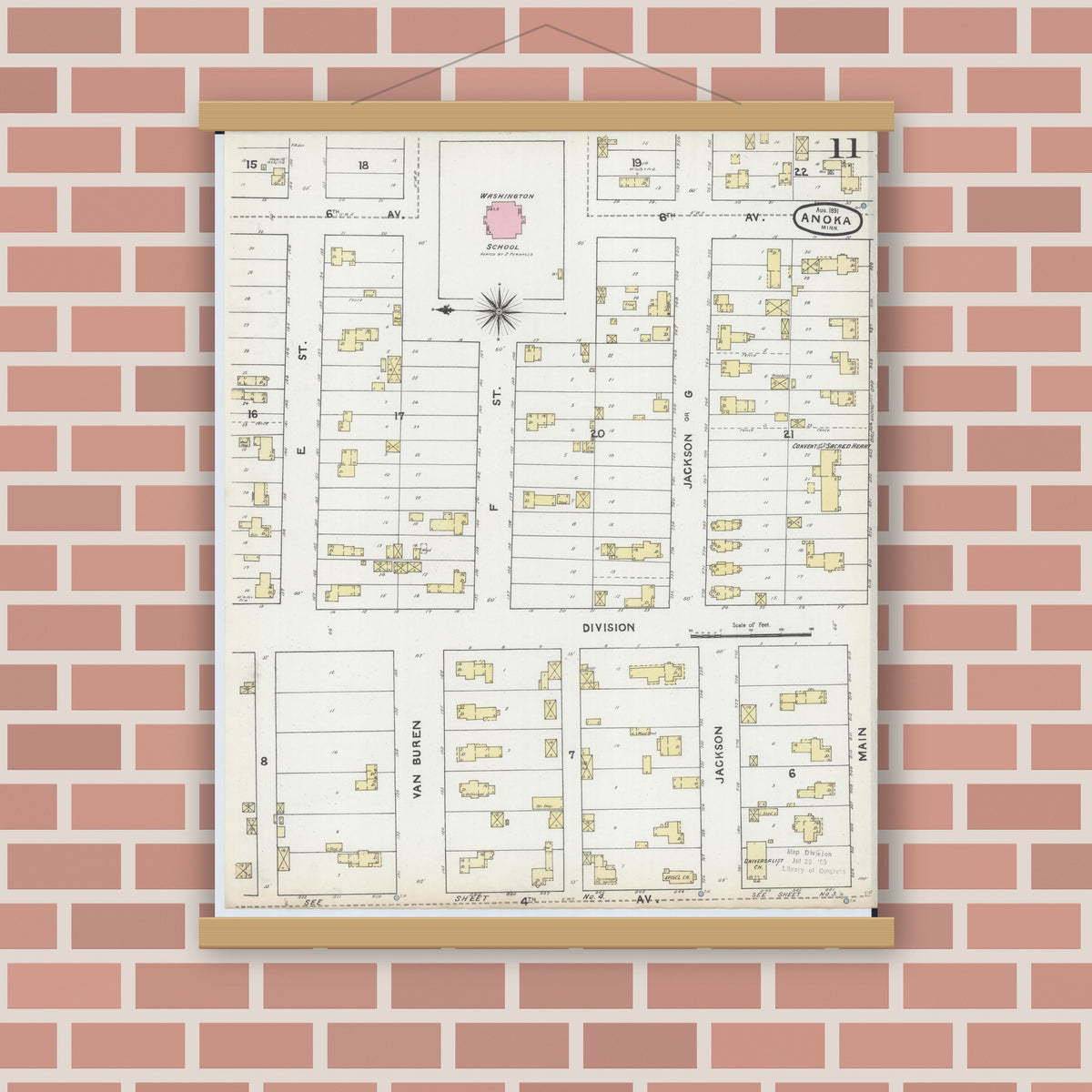 Old map wall art mockup — magnetic wood frame on brick wall — Sanborn Fire Insurance Map from Anoka, Anoka County, Minnesota (1891), Sheet #0011