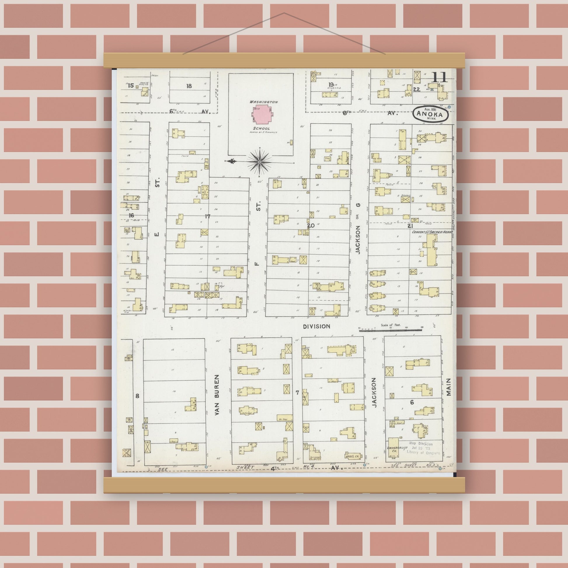 Old map wall art mockup — magnetic wood frame on brick wall — Sanborn Fire Insurance Map from Anoka, Anoka County, Minnesota (1891), Sheet #0011