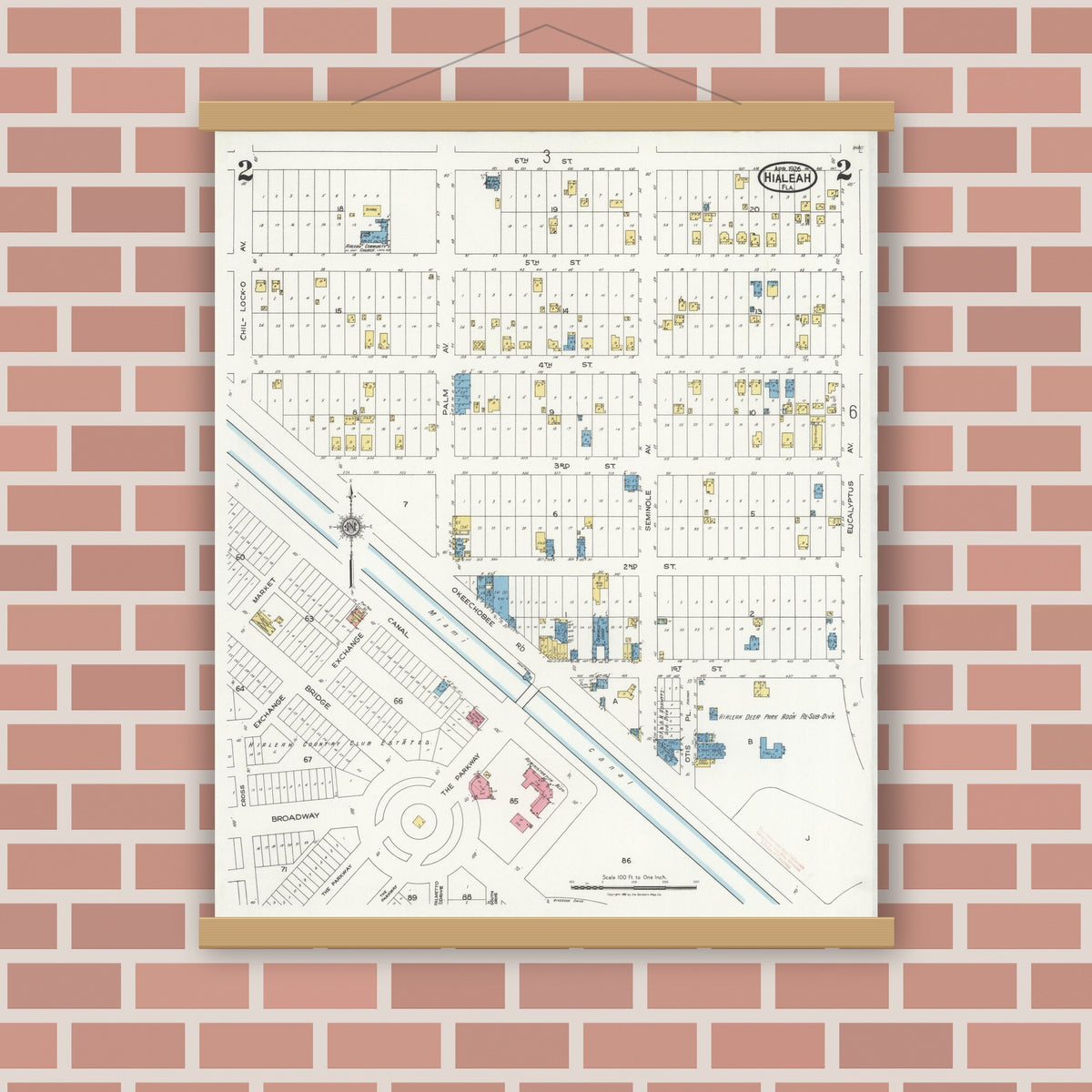 Old map wall art mockup — magnetic wood frame on brick wall — Sanborn Fire Insurance Map from Hialeah, Dade County, Florida (1926), Sheet #0002