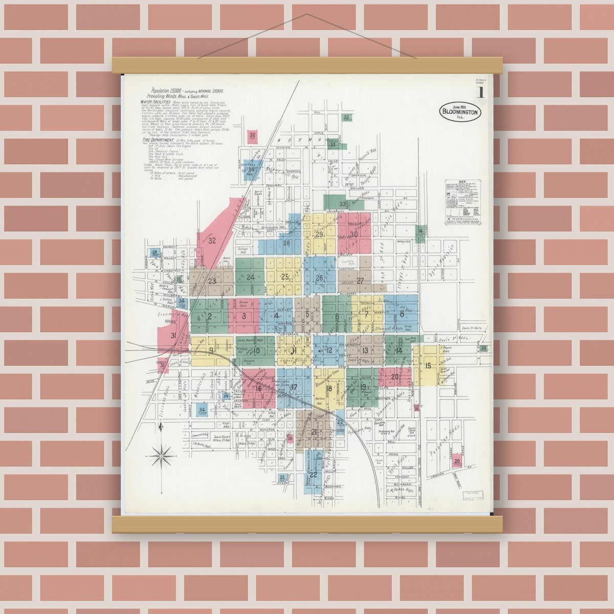 Old map wall art mockup — magnetic wood frame on brick wall — Sanborn Fire Insurance Map from Bloomington, McLean County, Illinois (1901) - Complete Map Set