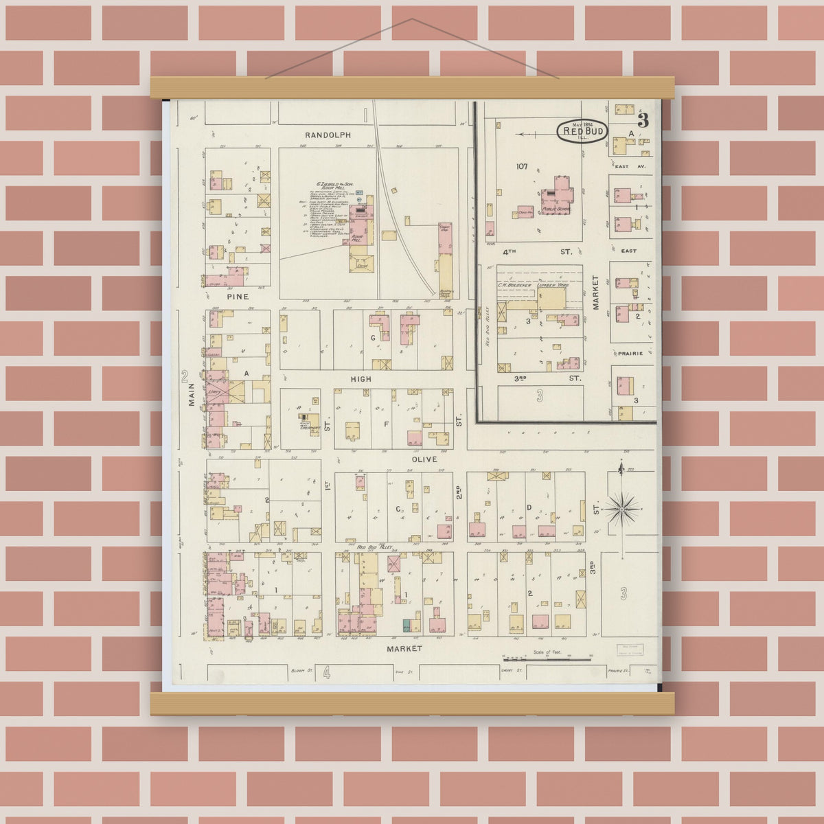 Old map wall art mockup — magnetic wood frame on brick wall — Sanborn Fire Insurance Map from Red Bud, Randolph County, Illinois (1894), Sheet #0003