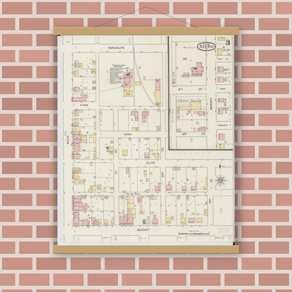 Old map wall art mockup — magnetic wood frame on brick wall — Sanborn Fire Insurance Map from Red Bud, Randolph County, Illinois (1894), Sheet #0003