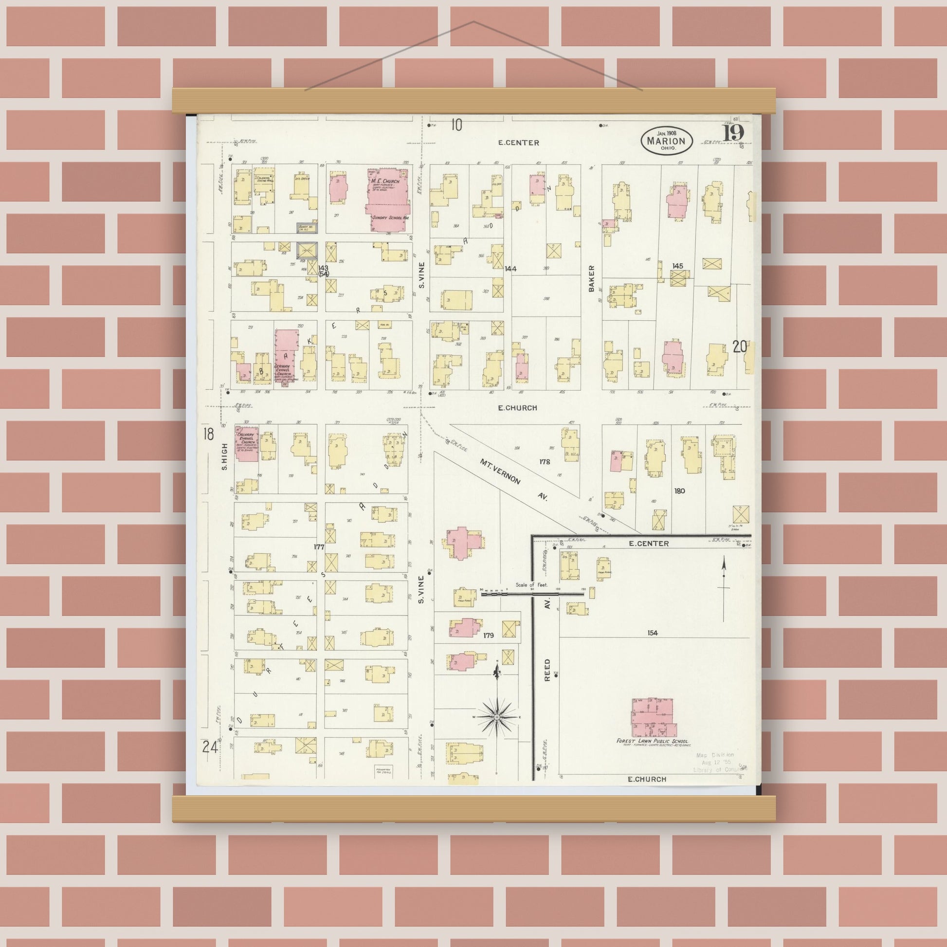 Old map wall art mockup — magnetic wood frame on brick wall — Sanborn Fire Insurance Map from Marion, Marion County, Ohio (1908), Sheet #0019