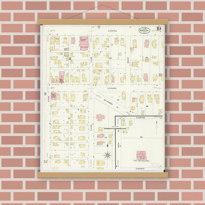 Old map wall art mockup — magnetic wood frame on brick wall — Sanborn Fire Insurance Map from Marion, Marion County, Ohio (1908), Sheet #0019