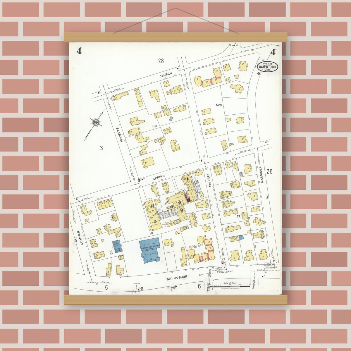 Old map wall art mockup — magnetic wood frame on brick wall — Sanborn Fire Insurance Map from Watertown, Middlesex County, Massachusetts (1923), Sheet #0004